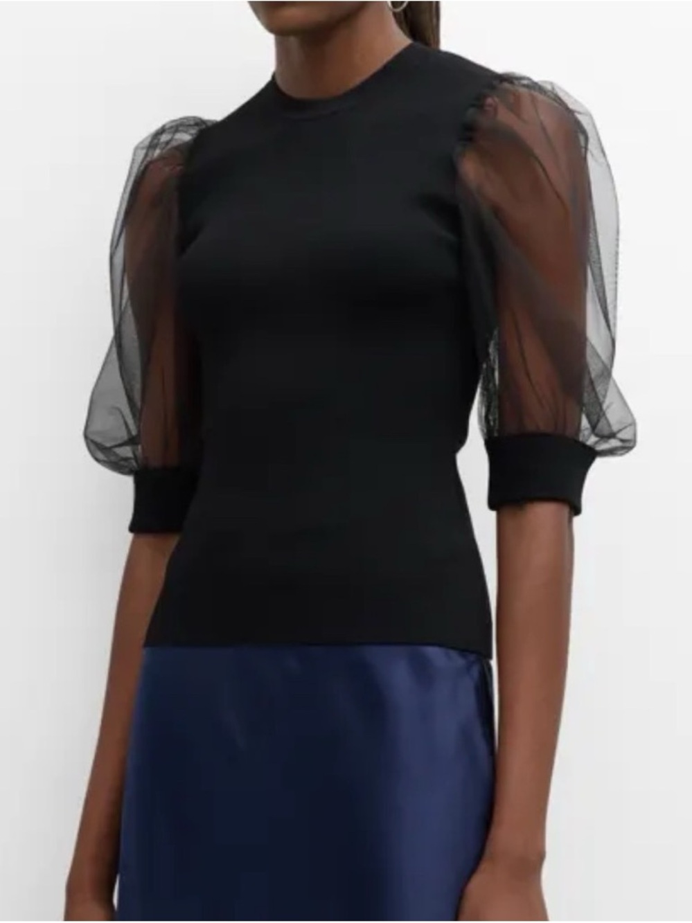 Autumn Cashmere | Black Knit Top w Sheer Puff Sleeves, S